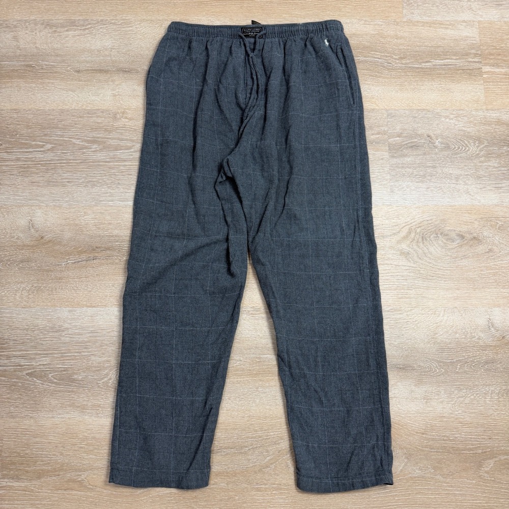 Polo Ralph Lauren Mens Grey Windowpane Plaid Cotton Flannel Pajama Pants Large